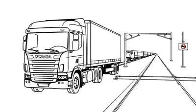 Kleurplaat van een Scania vrachtwagen naast een trein met overweg.