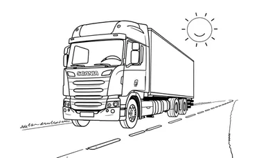 Kleurplaat van een Scania vrachtwagen met een lachende zon.