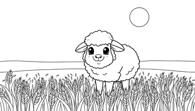 Kleurplaat van een schattig schaapje in een tarweveld met een cirkel in de lucht.