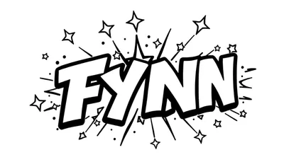Kleurplaat van de naam FYNN in stripboekstijl met sterren en explosie-effect.