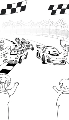 Kleurplaat van een race met lachende auto's en kinderen.