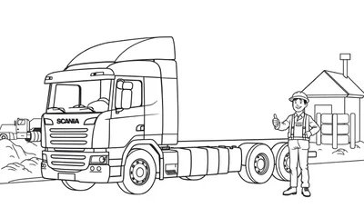 Kleurplaat van een Scania vrachtwagen met een man die zijn duim opsteekt.