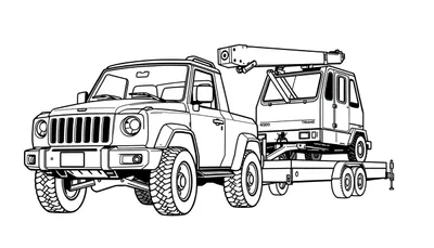 Een zwart-wit kleurplaat van een stoere pick-up truck met een oplegger en een kleine kraan.