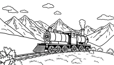 Kleurplaat van een stoomtrein die door een berglandschap rijdt, met rook uit de schoorsteen.