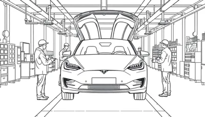 Een zwart-wit tekening van een Tesla Model X met falcon wing deuren open, omringd door monteurs in een fabriek, als kleurplaat.