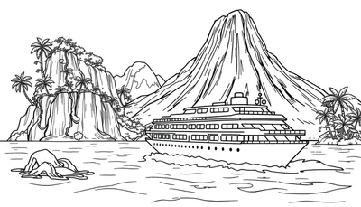 Zwart-witte tekening van een tropisch eiland met palmbomen en een cruise schip, perfect als kleurplaat.