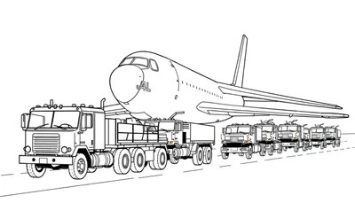 Zwart-wit kleurplaat van een groot JAL vliegtuig op een colonne trucks.