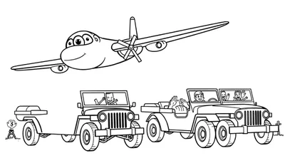 Kleurplaat van een lachend vliegtuig en rijdende jeeps met mensen.