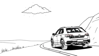 Kleurplaat van een witte Volkswagen T-Roc SUV, gezien vanaf de achterkant, op een bochtige weg met een berg en een open veld.