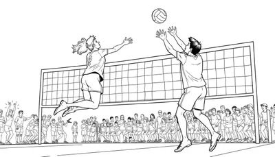 Kleurplaat van een spannende volleybalwedstrijd met twee spelers die springen en een bal, en een publiek dat kijkt.