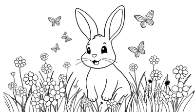 Kleurplaat van een schattig konijn in bloemen en gras, met vlinders erboven.