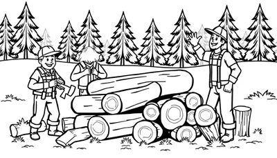 Kleurplaat van drie bosbouwers met stapels hout en dennenbomen.