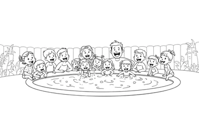 Zwart-wit kleurplaat: kinderen spelen vrolijk in een zwembad op een familiecamping.