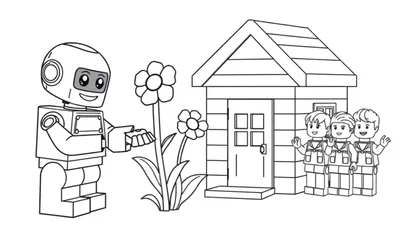 Een speelse Lego-robot in een zwart-wit kleurplaat-stijl geeft een bloem aan een bloem, met een huisje en zwaaiende Lego-kinderen op de achtergrond.