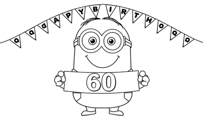 Een vrolijke minion met een bril houdt een bord met het getal 60 vast, met een slinger met 'HAPPY BIRTHAQ' erboven. Kleurplaat.
