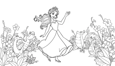 Kleurplaat van een lachende prinses met een kroon, omringd door bloemen en cartoon krokodillen.