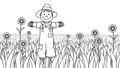 Kleurplaat van een blije vogelverschrikker in een veld vol zonnebloemen, met gespreide armen.