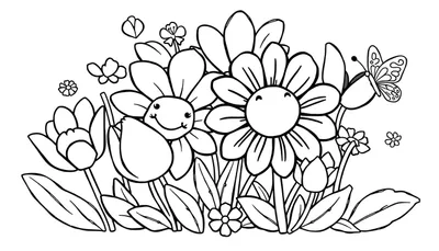 Zwart-wit kleurplaat met bloemen en een vlinder, klaar om ingekleurd te worden.