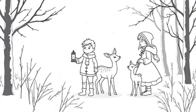 Zwart-wit kleurplaat van twee kinderen in de sneeuw met herten, één kind met lantaarn.