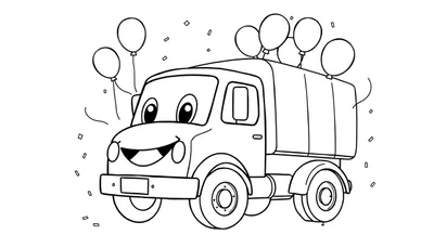 Kleurplaat van een lachende Wolter Koops vrachtwagen met ballonnen en confetti.