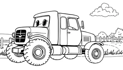 Een kleurplaat van een vrolijke cartoon truck met grote wielen in een veld.