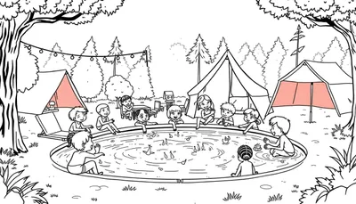 Kleurplaat: Kinderen spelen in en rond een vijver op een zomerkamp.