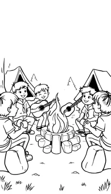 Kleurplaat van blije scoutingkinderen rond een kampvuur met gitaren.