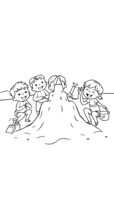 Kleurplaat van vrolijke kinderen die een zandkasteel bouwen op het strand met schep en emmer.