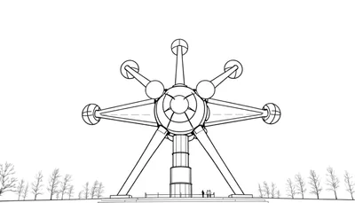 Kleurplaat van het Atomium, een zwart-wit lijntekening van de iconische structuur in Brussel, België.