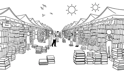 Zwart-wit kleurplaat van een boekenmarkt met rijen kramen, stapels boeken, mensen die boeken bekijken en zonnen aan de hemel.