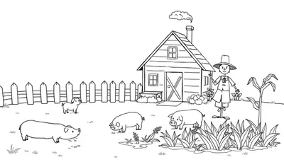Kleurplaat van een boerderijtafereel met een huisje, drie varkens, een hek, een vogelverschrikker, appels en maïs.