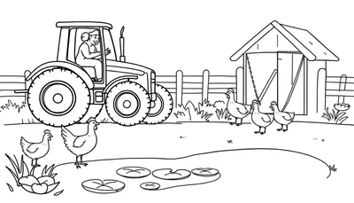 Zwart-wit tekening van een boerderijtafereel met een tractor, vrouw, kippenhok, kippen en een vijver.
