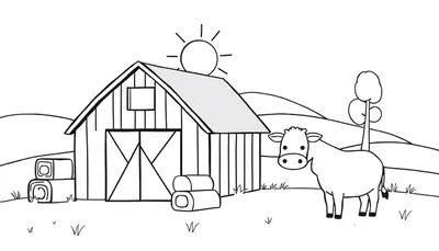 Zwart-wit kleurplaat van een boerderijlandschap met een schuur, hooibalen, een zon, een lachende koe, een boom en heuvels op de achtergrond.