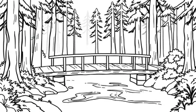 Zwart-witte lijntekening van een boslandschap met een houten brug over een beek, omringd door bomen en begroeiing.