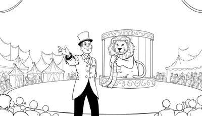 Kleurplaat van een circus met een spreekstalmeester in een hoge hoed en een leeuw met een sjaal op een podium, publiek kijkt toe, versierde circustenten op de achtergrond.