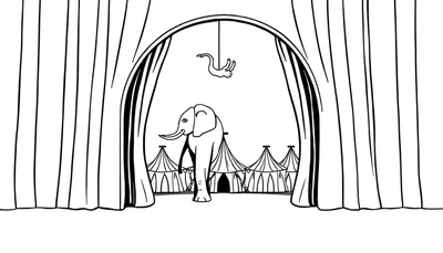 Zwart-wit kleurplaat met een grote olifant voor circustenten, een klein wezentje hangt erboven. Omringd door gordijnen.