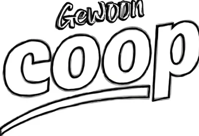 Kleurplaat van het COOP logo met 'Gewoon' erboven, in blokletters en script, met schaduw en dubbele lijn.