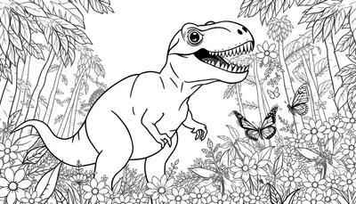 Zwart-wit kleurplaat van een grote T-Rex dinosaurus met open bek in een weelderige jungle met bamboe, bloemen en vlinders.