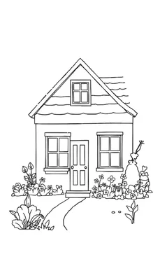Zwart-wit lijntekening van een schattig huisje met een puntig dak, dakkapel, twee ramen en een voordeur, omringd door een kleurrijke tuin met bloemen, struiken, een gieter, een tuinkabouter en een decoratief ei.