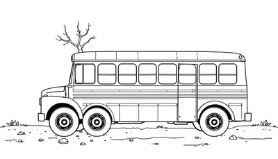 Zwart-wit lijntekening van een grote, oude schoolbus of passagiersbus met een kale boom die uit het dak groeit, staand op onverharde ondergrond met steentjes en graspollen. De bus heeft meerdere ramen en zes wielen.