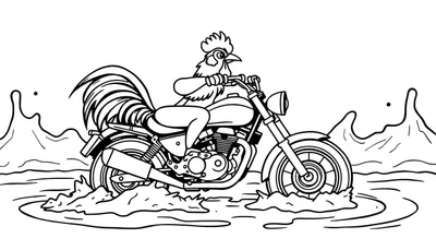 Kleurplaat van een haan die op een motorfiets rijdt, met water en modder spatten.