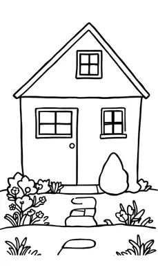 Kleurplaat van een eenvoudig huis met een puntig dak, twee ramen met kruisroedes op de begane grond, een voordeur, en een tuin vol bloemen en planten.