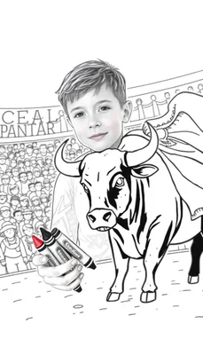 Kleurplaat van een jongen met roze blosjes die realistisch lachend drie Crayola potloden vasthoudt, met een cartoonachtige stier met hoorns en een doek naast hem, en een menigte op tribunes op de achtergrond.