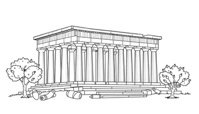 Gedetailleerde lijntekening van een klassieke tempel met Dorische zuilen, bomen en perkamentrollen, ideaal als kleurplaat.