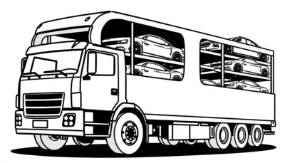 Zwart-wit kleurplaat van een autotransporter met meerdere auto's gestapeld in de oplegger en boven de cabine.