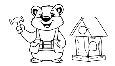Zwart-wit tekening van een lachende bever met een hamer en een vogelhuisje, klaar om ingekleurd te worden.