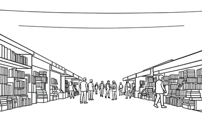 Zwart-wit kleurplaat van een drukke bibliotheek met hoge boekenrekken, gangpaden en mensen die tussen de boeken zoeken.