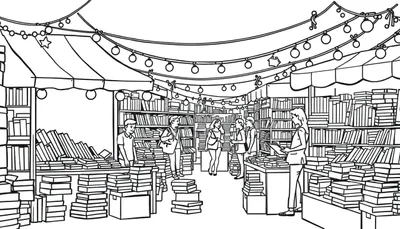 Kleurplaat van een drukke boekenmarkt met veel boeken, lichtsnoeren en mensen.