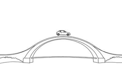 Zwart-wit lijntekening van een boogbrug met een auto, gras en een rivier, klaar om ingekleurd te worden.