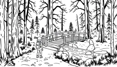 Zwart-wit kleurplaat van een boslandschap met een wandelaar op een pad, een houten brug over een beekje en dichte bossen.